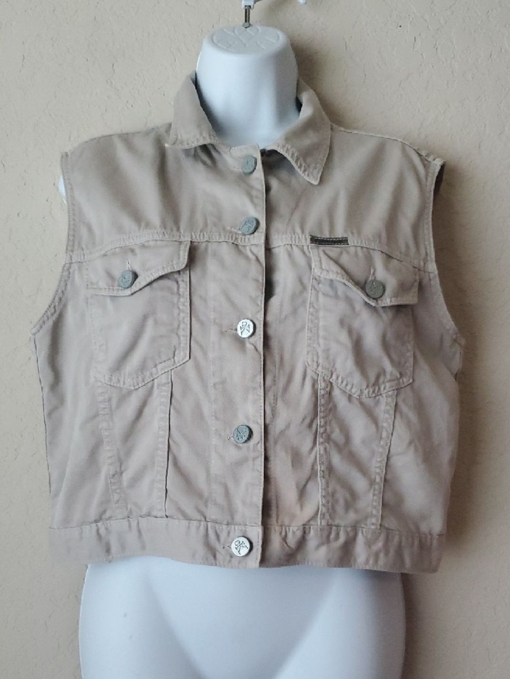 VTG Calvin Klein Jeans Khaki Denim Vest Large L Y2K Crop Utility Gorpcore - Picture 2 of 8